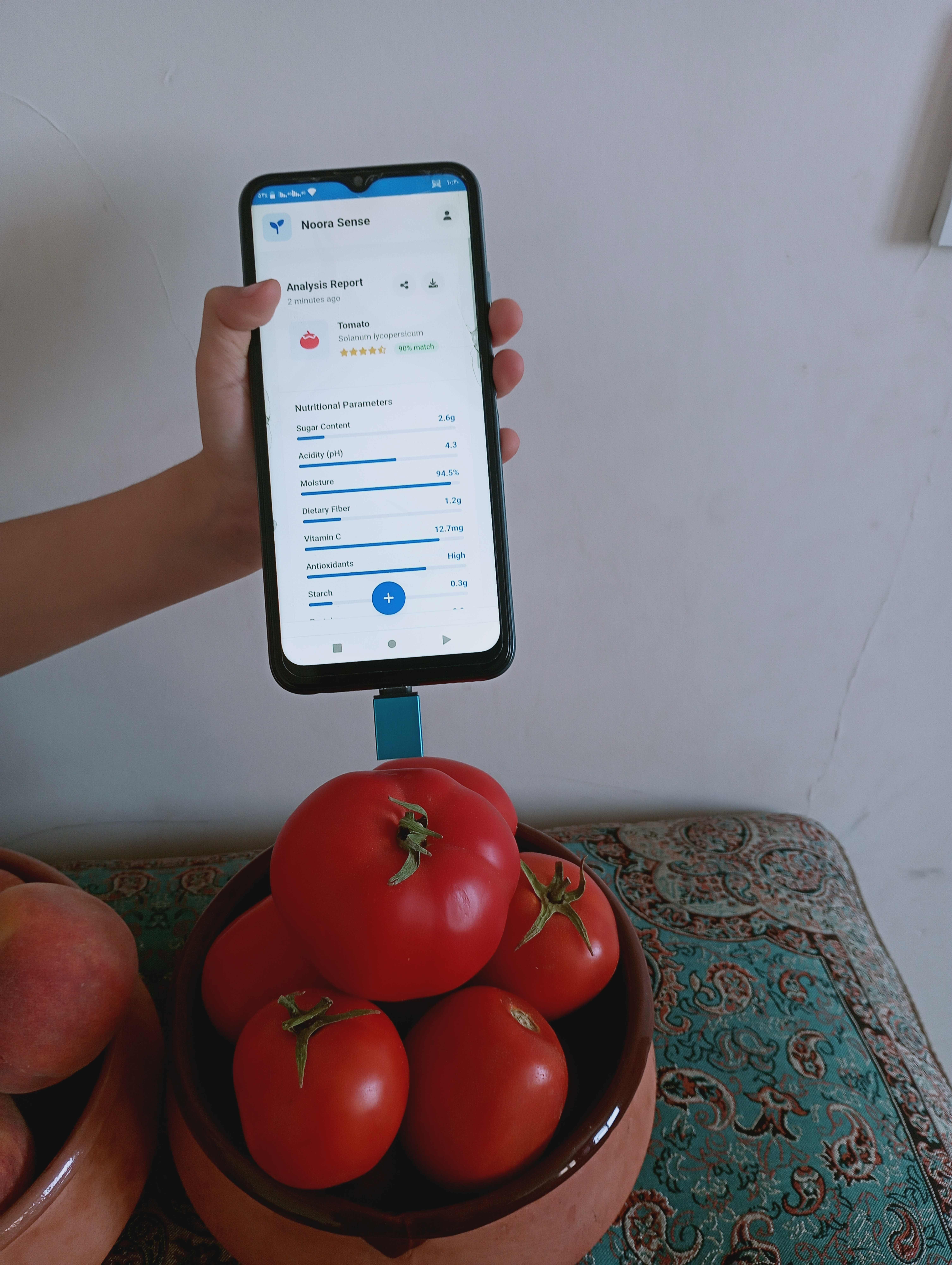 NooraSense device analyzing tomatoes